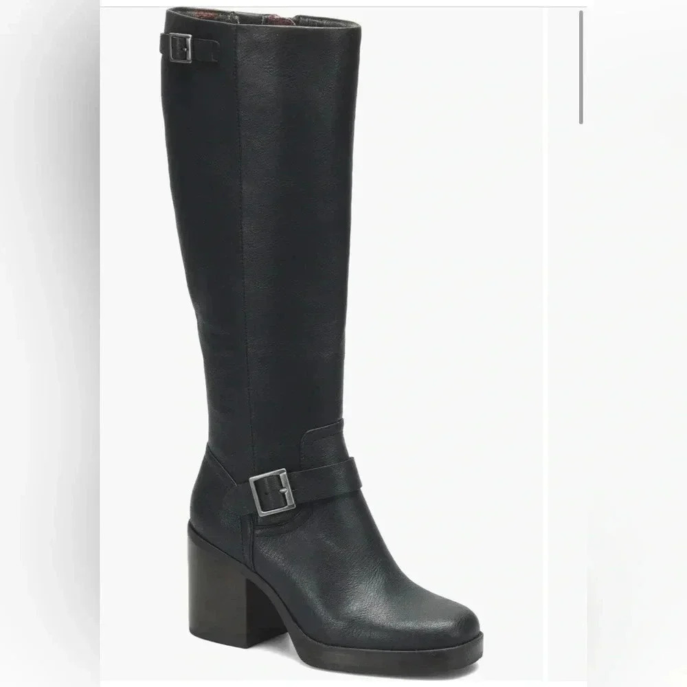 NEW KORKS Karalyn Black Leather Buckled Block Heel Boots Women’s Size 8M